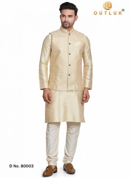 Cream Colour Outluk Vol 80 Exclusive Silk Festive Wear Kurta Pajama With Jacket Mens Collection 80003
